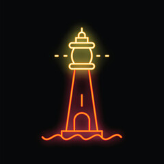 Bright neon lighthouse standing on the shore and shining its light over the sea at night
