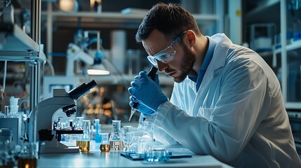 Researcher analyzing a histological biopsy sample in a laboratory environment.