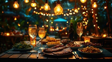 A romantic dinner for two with grilled steak, salad, and wine under twinkling string lights.
