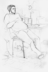 Man sitting in socks no shoes pencil drawing middle-aged man  with large belly relaxed on chair calm attitude large physique human figure clipart humorous funny character pencil drawing people contour