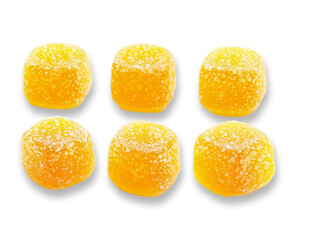 Six yellow gummy cubes isolated transparent background candy sweets dessert treat snack food sweet
