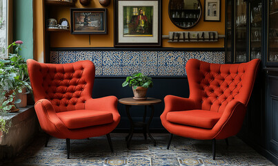  Matching Red Tufted Armchairs in Traditional Room with Decorative Tile