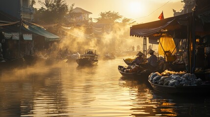 Obraz premium Early morning scene at a Vietnamese floating market, with vendors preparing their goods and the soft light reflecting on the water