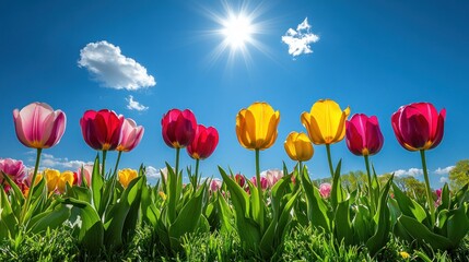 A row of colorful tulips in a field under a bright blue sky.