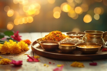 festive indian cuisine, indian thali on wooden board in modern kitchen with diwali decor, creating a vibrant background with space for text