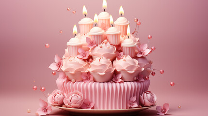 Pink birthday cake with candles and different decorations