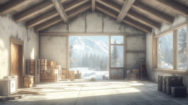 A rustic loft space with large windows overlooking a snowy mountain range.