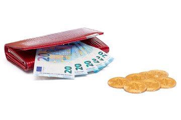 Red Leather Women Purse with Twenty Euro Banknotes and Bitcoin Coins - Isolated on White Background. A Wallet Full of European Union Paper Money Symbolizing Wealth and Success - Isolation
