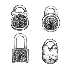 Vintage padlocks set. Hand drawn sketch style safety symbol. Vintage retro collection. Vector illustration isolated on white. © Sketch Master