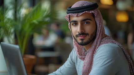 Young Middle Eastern man programming software in a modern workspace during daytime hours