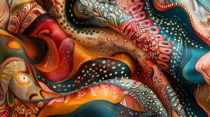 A closeup of the intricate patterns and designs on a handpainted silk scarf a piece of wearable art available for purchase in the gift shop.