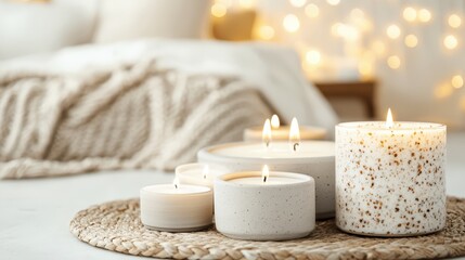 Assorted candles in cozy bedroom setting. Concept: relaxation and comfort.