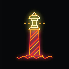 Neon icon of a lighthouse illuminating the sea with its beacon at night