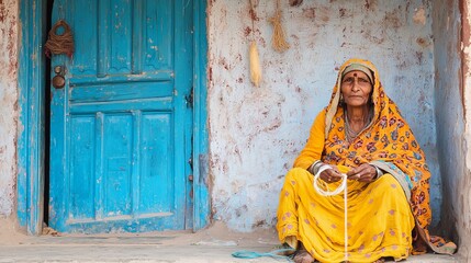 Obraz premium Elderly rural Indian woman in traditional attire, sitting outside her home, spinning cotton thread