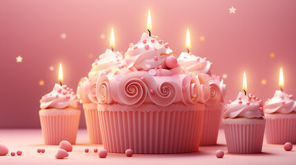 Pink birthday cake with candles and different decorations