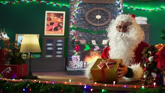 Father Christmas decorates gifts with wrapping paper and ribbons in his North Pole workshop, getting ready to deliver the presents on x mas eve. Festive season with decorations and magic. Camera B.