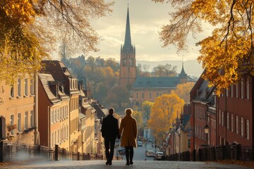 Obraz premium Cozy autumn town scene with people walking in golden light near a church evoking warmth community and nostalgia in a picturesque seasonal setting