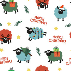 Merry Christmas sheep seamless pattern. Cute sheep with Christmas elements background.