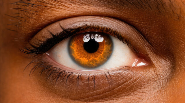 Close-up of a striking brown eye with intricate patterns, showcasing the vibrant details and textures of the iris. Perfect for themes of beauty and vision.