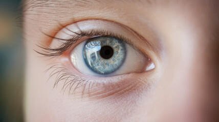 Close-up of a child's blue eye, showcasing intricate patterns and vibrant colors, reflecting curiosity and wonder. The eye is framed by long lashes, enhancing its beauty.