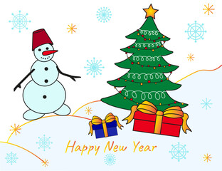 New Year, snowman with a Christmas tree and gifts, gold and blue snowflakes on a white background, vector drawing, EPS10