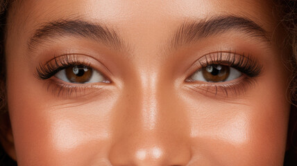 Fototapeta premium Close-up portrait of a young girl of mixed ethnicity with beautiful brown eyes and radiant skin, capturing a warm and joyful expression.