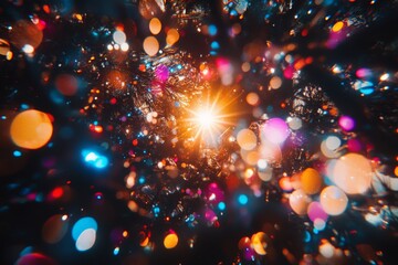 Abstract glowing particles in a colorful cosmic swirl representing energy light and wonder in a digital futuristic design with vibrant hues