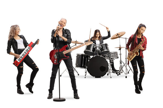 Female music band with a sax, guitairst, drummer and a keytar player