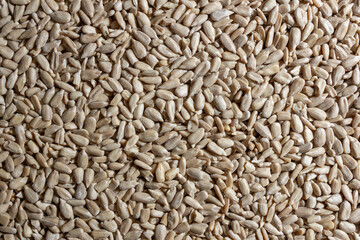 Fototapeta premium Peeled Sunflower Seeds Background: A Culinary Canvas of Shell-free Sunflower Seeds, Creating a Lively and Textured Background for Gourmet Cooking - Top View, Flat Lay