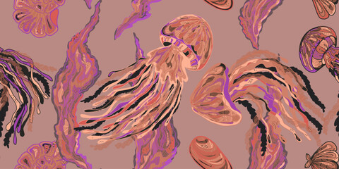 Abstract fantasy jellyfish and seaweed variegated ornament tropical summer motifs seamless overlapping rapport patterns