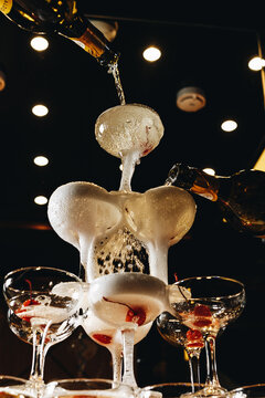 pyramid of champagne and dry ice