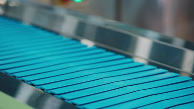 Close-up of an empty blue conveyor belt moving through a food processing plant, ready for production