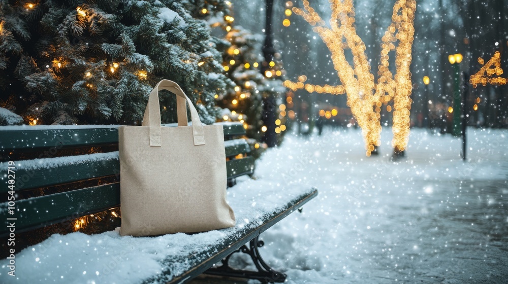Poster snow gently falls on a park bench where a beige tote bag rests, surrounded by twinkling lights and e