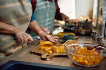 Close up of woman cutting pumpkin while cooking with her husband.
