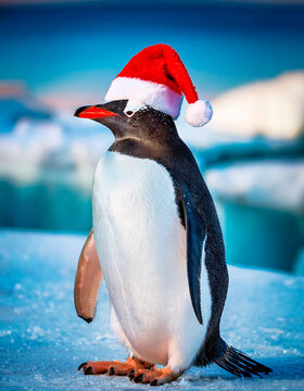 Ping&uuml;ino con un gorrito rojo y blanco de la navidad, en el hielo.