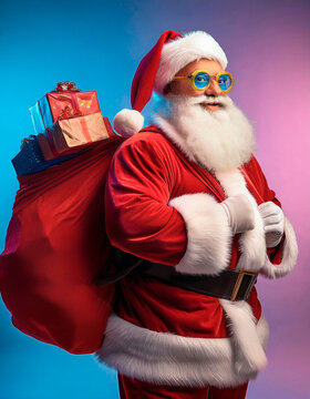 Moderno Santa Claus cargando su morral con los regalos de navidad.