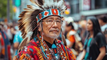 A Native American man wearing traditional headdress and clothing stands in a crowd.