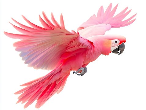 A pink parrot flying through the air with its wings spread