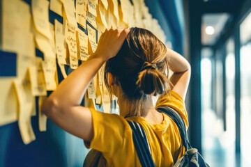 Fototapeta premium Woman overwhelmed by task notes on a wall