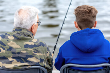 Grandfather and grandson bond while fishing by the lake on a peaceful day