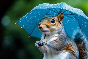 Squirrel with Blue Umbrella in the Rain
