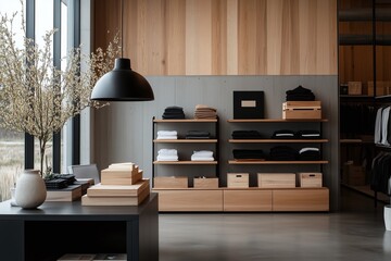 small warehouse and metal shelves, minimalist storage