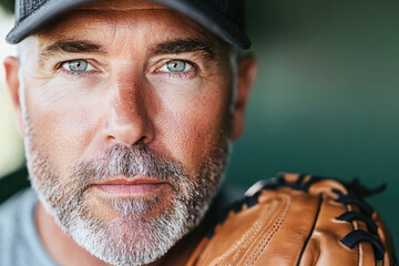 Baseball coach portrait with glove and intense focus