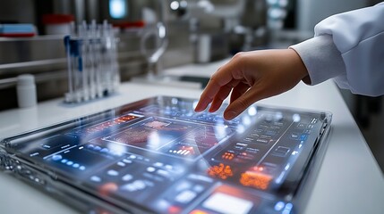 A person touching a touch screen in a laboratory., A person touching a touch screen in a laboratory., The image shows a person's hand touching a touch screen interface on a laboratory table. The inter