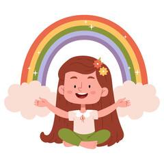 Happy hippie girl sitting under the rainbow.Healthy care, positive life concept in trendy flat style.