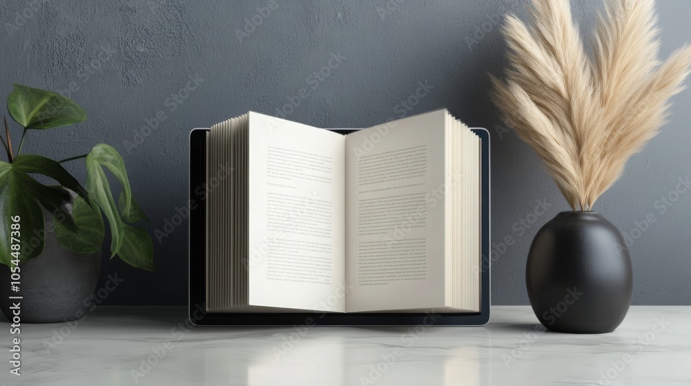 Poster an open book lies on a smooth marble surface, showcasing blank pages. next to it, a decorative vase 