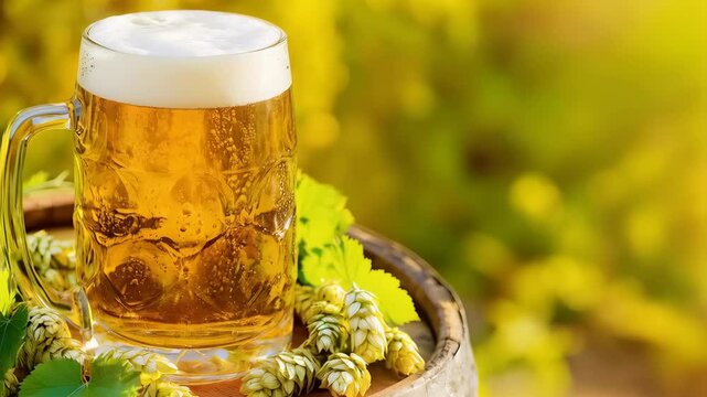 Glass with fresh cold beer on old wooden barrel with green ripe hop cones on blurred background. Oktoberfest, St Patrick Day. Craft brewery concept