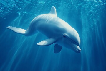 Naklejka premium Single dolphin in clear blue ocean gracefully swimming under the water’s surface highlighting the freedom elegance and beauty of marine life in a tropical seascape