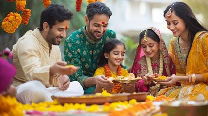Obraz premium Family gathering during an Indian festival, dressed in colorful traditional attire, sharing food and laughter