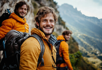 A Male mountaineer with fellow climbers smiling on a mountain